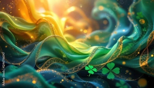 Fototapeta Colorful fabric waves with sparkling gold accents and clover designs in abstract light