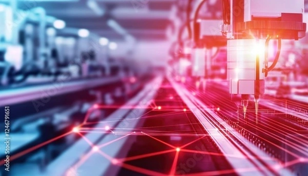 Fototapeta Modern manufacturing plant with automated production lines, smart IIoT integration, and glowing pathways representing digital connectivity