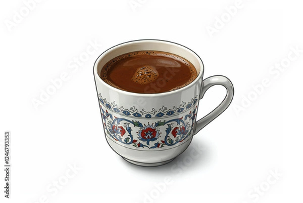 Fototapeta Illustration of a decorated cup full of Turkish coffee, isolated on white background