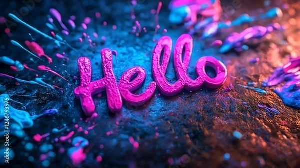 Fototapeta Pink "Hello" text in vibrant paint splash.