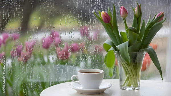 Obraz Spring rain is coming down through the window, and beyond the window, tulips in the garden are faintly visible. On the table are tulips in full bloom and a cup of coffee.