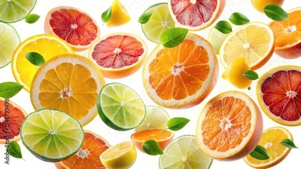Fototapeta Aerial view: juicy orange, grapefruit, lime, and lemon slices isolated on white.  A citrus burst.