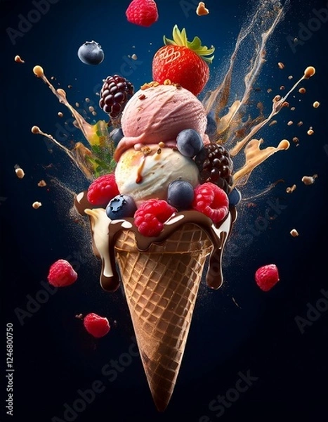 Fototapeta Delicious ice cream cone with scoops of mixed flavors, topped with fresh berries and chocolate sauce splash. Dynamic composition, dark background, high contrast.
