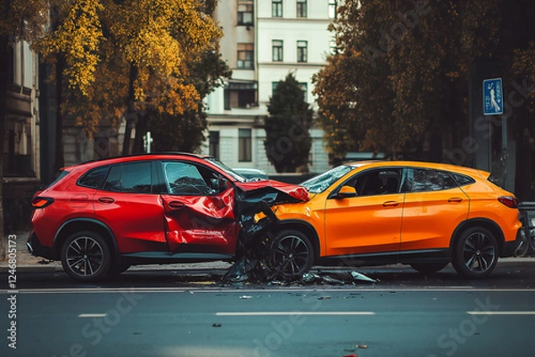 Fototapeta Close up Crash on the road. Two Vehicles with front end damage on a city road. 