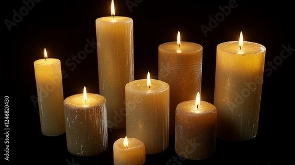 Fototapeta Lit beige candles of various sizes on black background.