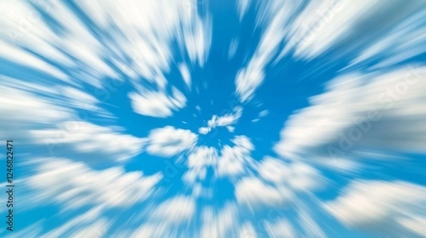 Fototapeta Dynamic abstract zoom effect on a blue sky with fluffy clouds creates a sense of movement and speed