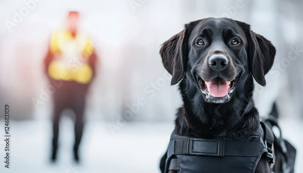 Fototapeta Police dog K9 unit. A cheerful black Labrador retriever in a harness stands in the snow, with an officer in a yellow vest in the background.