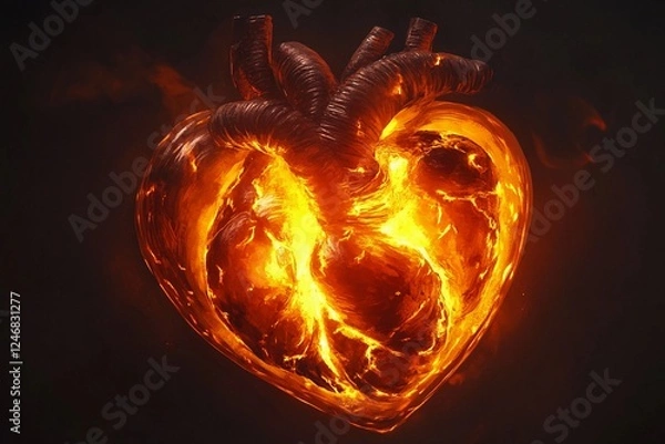 Obraz Heart glowing in volcanic lava with intricate metallic veins in a dark setting
