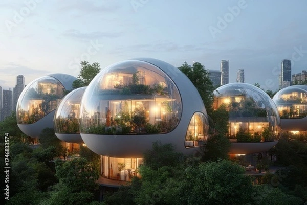 Fototapeta A sprawling futuristic space colony with gravity-defying structures and biodomes