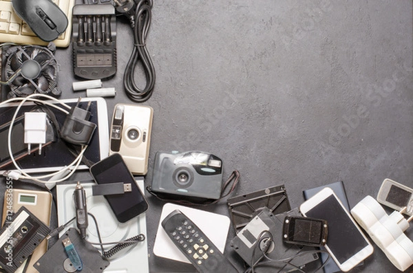 Obraz Old electronic devices on a black background. The concept of recycling used gadgets.