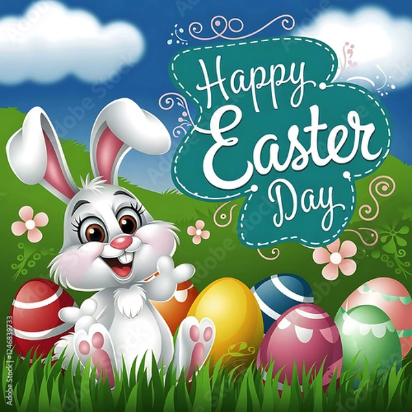 Obraz Hayyp easter day concept with Bunny eggs on the grass