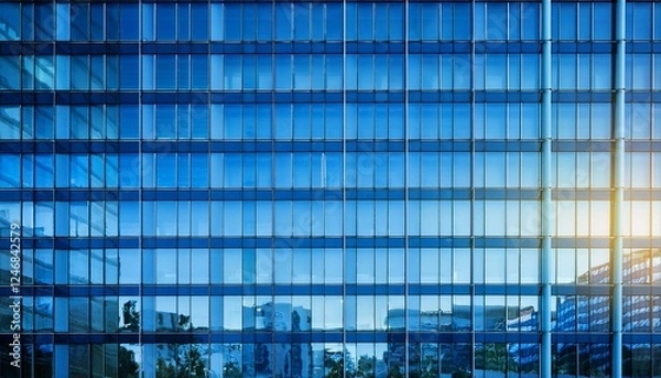 Fototapeta office building windows texture of blue glass for business background, business center generic facade, front view