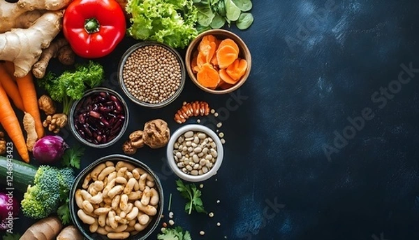 Obraz Delicious and healthy vegan food concept. Colorful mix of vegetables, legumes, nuts and seeds on a dark background.