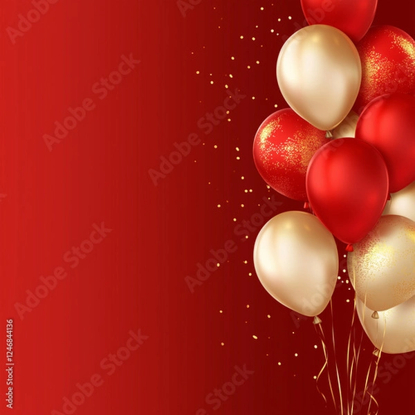 Fototapeta Celebration party banner background with red, gold balloons, carnival, festival or birthday balloon red background, red celebration background template