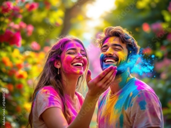 Fototapeta Close-up of hands smearing bright Holi colors on a friend's face, cheerful expressions, vibrant outdoor environment, energetic and dynamic scene.