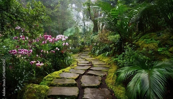 Fototapeta Exploring a vibrant summer pathway through lush greenery and colorful flowers