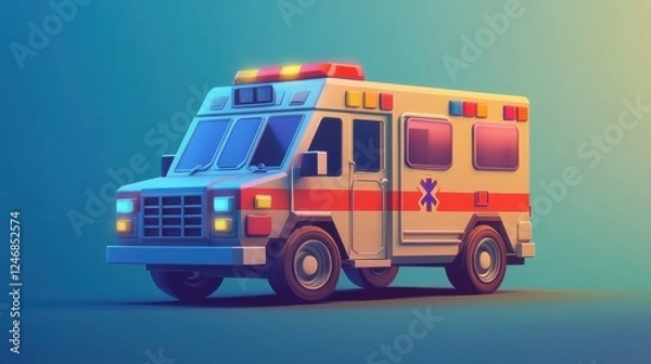 Fototapeta Low-Poly 3D Model of Retro Ambulance Vehicle Emergency Medical Service
