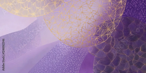 Obraz A lilac abstract background with intricate gold geometric patterns overlaying a gradient of lavender and deep violet, adding a touch of elegance and sophistication.
