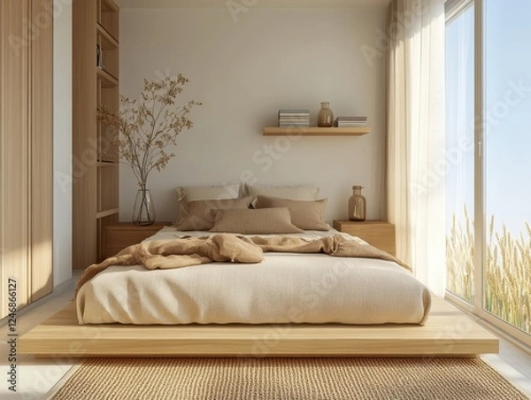 Obraz A bed with a white comforter and pillows
