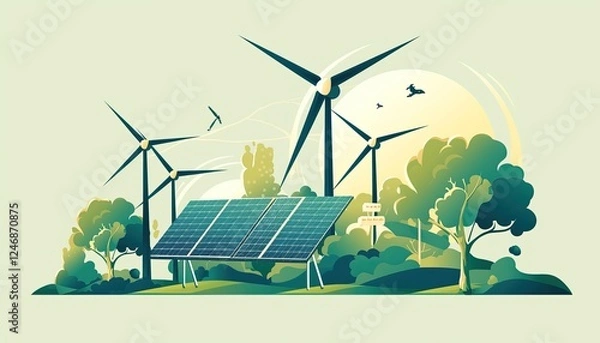 Fototapeta Solar panels and wind turbines in a green field at sunset renewable energy