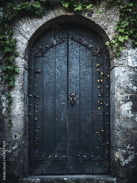 Fototapeta Ancient Iron Door with Ivy in Stone Wall Architectural Historic Feature : Generative AI