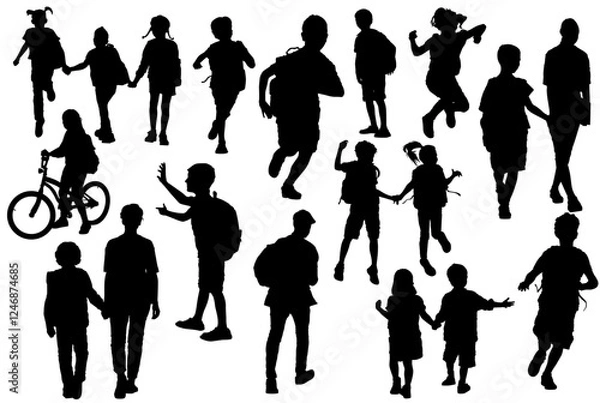 Fototapeta Collection of vector silhouette of children go to school
