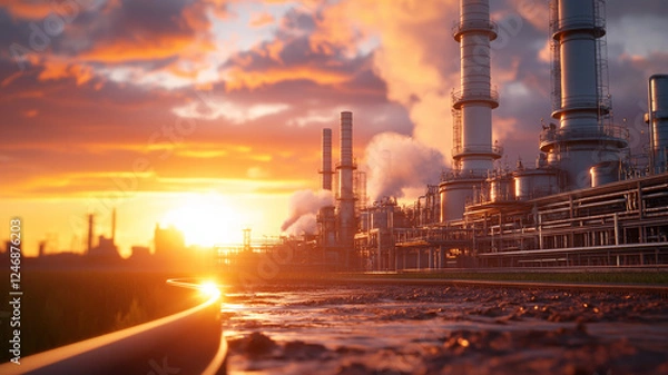 Fototapeta stunning industrial plant at sunset, with smoke rising from tall chimneys and reflective pathway leading towards horizon. vibrant colors of sky create dramatic backdrop