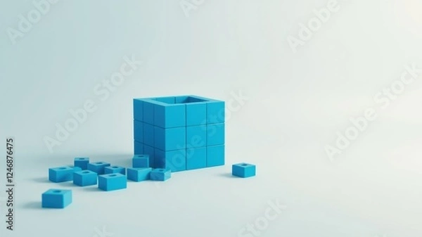 Fototapeta Abstract image of blue cubes forming a structure, some disassembled