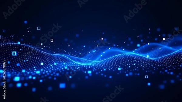 Fototapeta Dark background with blue pixel pattern. Vector illustration of abstract bg with geometric square elements grid. digital backdrop with dissolve rectangle dot particle mosaic gradient texture.