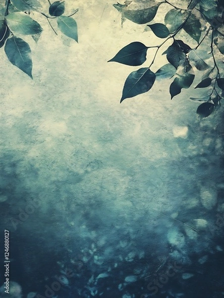 Fototapeta Moody leaves silhouette against a textured teal gradient background : Generative AI
