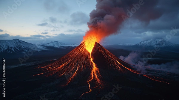 Fototapeta mesmerizing night view of lava flows and smoke
