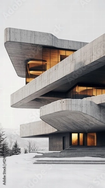 Obraz A Brutalist theater with immense concrete overhangs creating dramatic negative spaces
