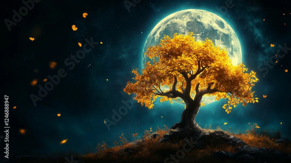 Fototapeta Golden Tree Under Full Moon: A solitary tree with golden leaves stands silhouetted against a massive full moon in a dreamy, surreal nightscape.  Falling leaves add to the ethereal atmosphere. 