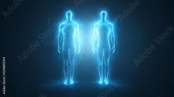 Fototapeta Futuristic holographic human figures, glowing insights.