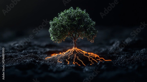 Fototapeta Tree with illuminated roots growing from volcanic soil in a dark environment at nighttime