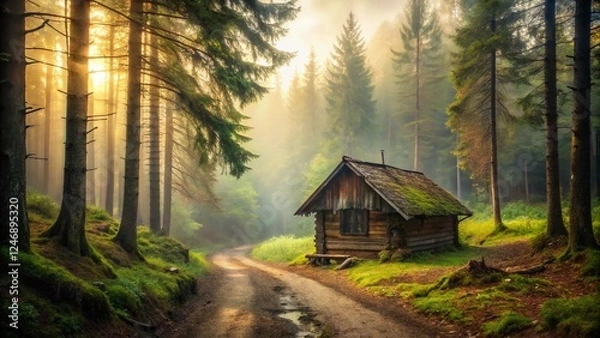 Fototapeta Minimalist Rustic Wooden Cabin in Picturesque Forest - Hand-Drawn Style Stock Photo
