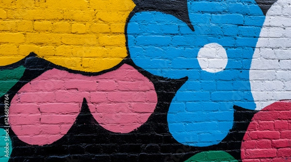 Fototapeta Brightly colored flower mural on a brick wall in an urban setting during daytime