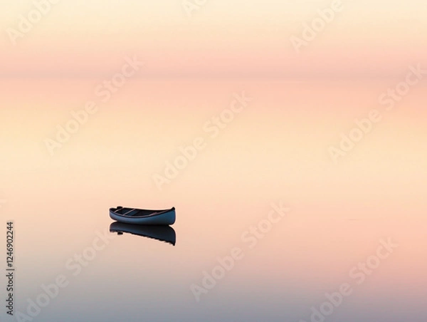 Obraz Solitary Canoe on a Tranquil Lake at Sunrise – Minimalist Nature Scene with Soft Pastel Tones