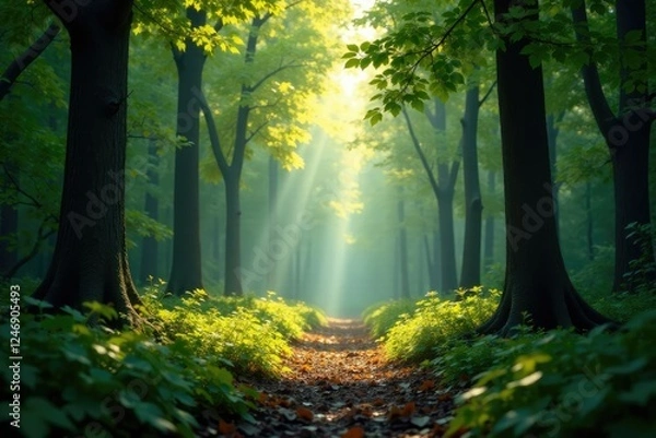 Fototapeta Dappled light from string lights filters through forest leaves, natural, ambient