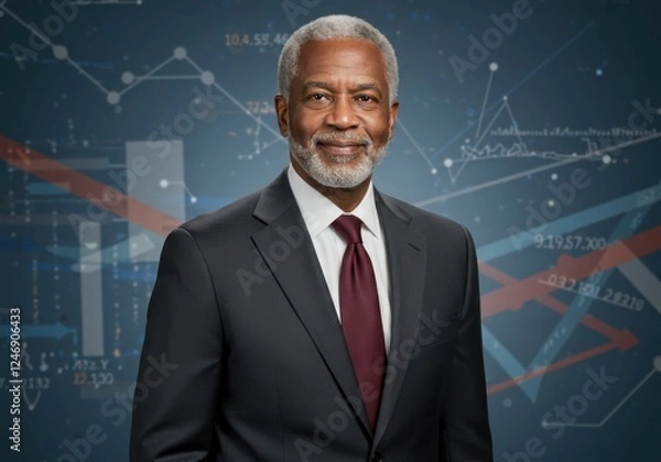 Fototapeta A man dressed in a professional suit stands confidently in front of a vibrant background, exuding business acumen.