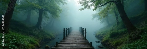 Fototapeta Ancient wooden bridge in misty forest surroundings, mist, scenery, atmosphere