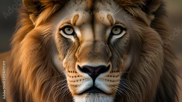 Fototapeta Close-Up of a Lion's Face with Majestic Mane, AI Generated