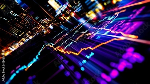 Fototapeta A vibrant stock market graph with dynamic colorful lines representing financial data analysis