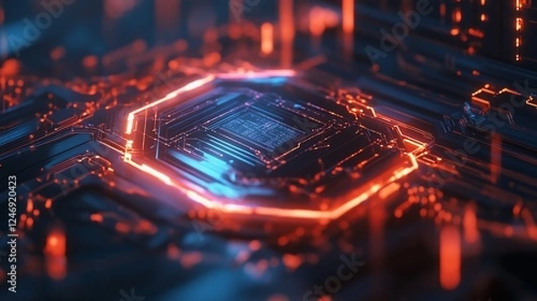 Fototapeta Abstract digital shield with glowing lines and futuristic tech design concept, technology background