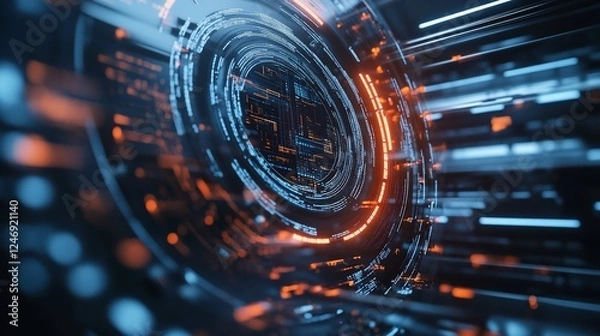 Fototapeta Abstract digital shield with glowing elements and data streams in a circular design concept