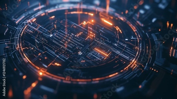 Fototapeta Abstract digital shield with glowing lines representing advanced technology concept, dark futuristic background