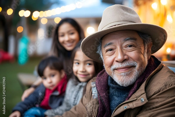 Obraz A multigenerational Hispanic family posing for a portrait in their backyard. The grandparents sit on a bench, parents stand behind them, and children play in the front, all smiling warmly at the camer