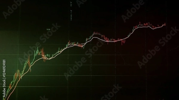 Fototapeta A digital stock market chart in ultra HD showing steady growth over time on dark screen