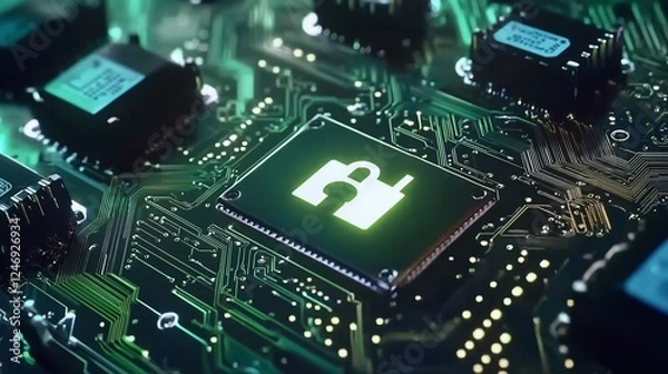 Fototapeta Digital technology background with glowing circuit board and a lock icon illuminated on a chip