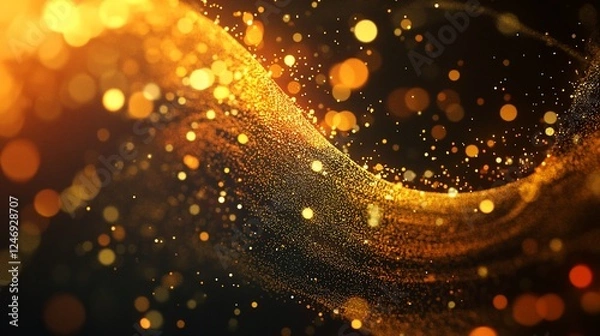 Fototapeta A digital wave of golden glowing fluid dots moving on a dark background design